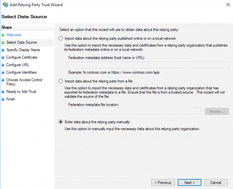 AD FS Enter data about the relying party manually screenshot