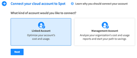 AWS account connection screen showing options to connect manually or automatically. The manual option is highlighted. The interface includes navigation steps at the top and a clean, modern layout. The environment is a web application with a neutral, professional tone. On the screen, the text reads: Connect your AWS account. Select how you want to connect your AWS account to Spot. Manually or Automatically.